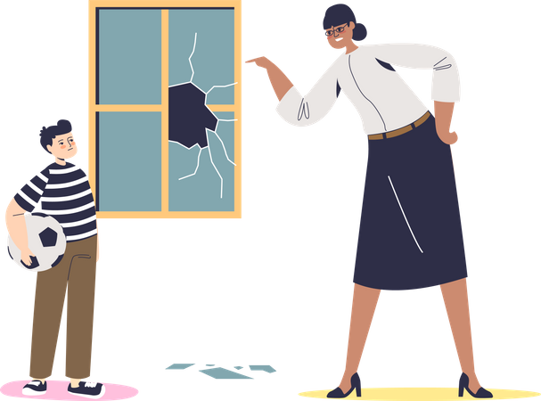 Teacher scolding kid for broken window Illustration