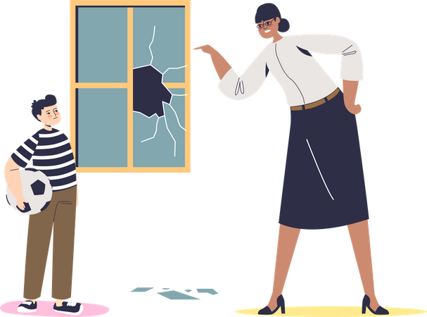 Teacher scolding kid for broken window  Illustration