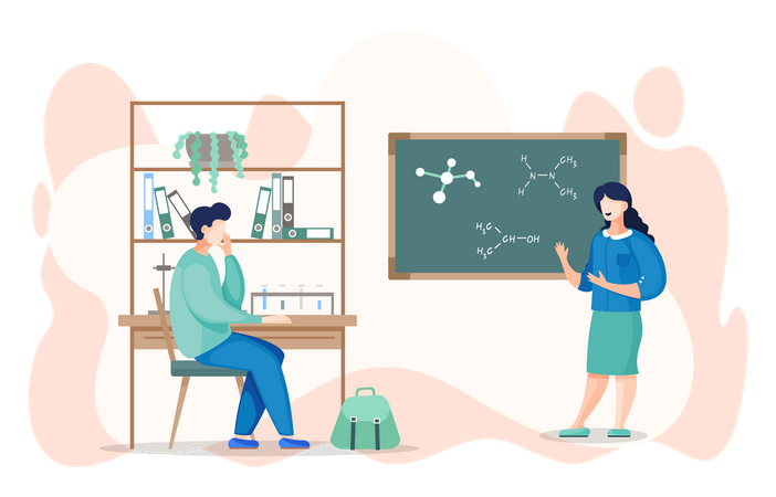 Teacher show student sitting at desk chemical bonds at board in classroom Illustration