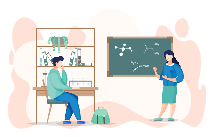 Teacher show student sitting at desk chemical bonds at board in classroom  Illustration