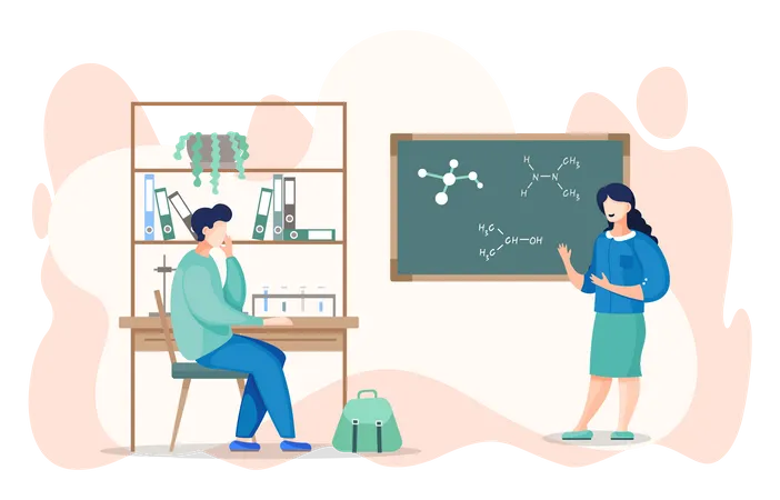 Teacher show student sitting at desk chemical bonds at board in classroom  Illustration