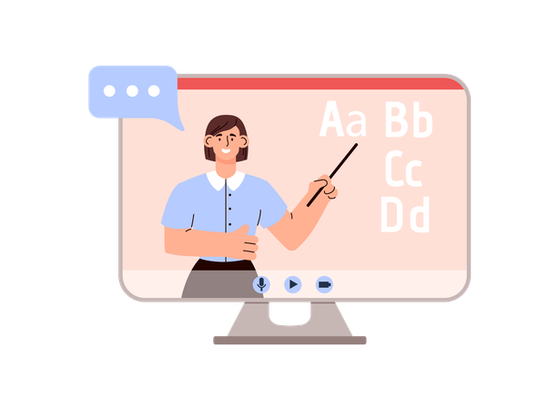 Teacher showing foreign language alphabet in computer screen  Illustration