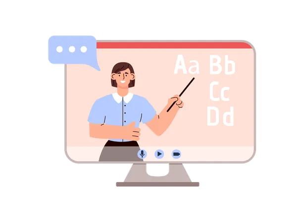 Teacher showing foreign language alphabet in computer screen  Illustration