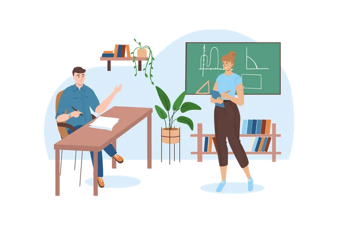 Blue Concept School With People Scene In The Flat Cartoon Design Teacher Shows The Student On The Board How To Correctly Draw Geometric Figures Vector Illustration イラスト