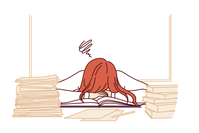 Teacher sleeps at desk among students books  Illustration