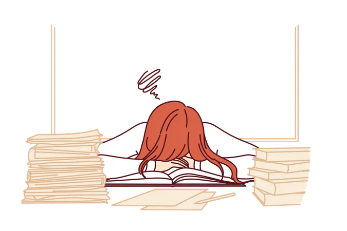 Woman Teacher Sleeps At Desk Among Students Books And Workbooks And Needs Rest Due To Overwork Or Burnout Girl Teacher Feels Exhausted And Lacks Strength To Continue Fulfilling Professional Duties Illustration