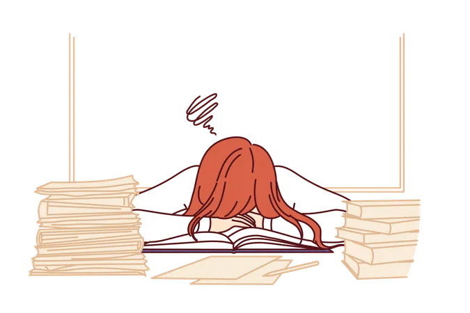 Teacher sleeps at desk among students books  Illustration