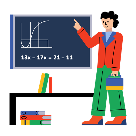 Teacher solving complex equation on board  Illustration