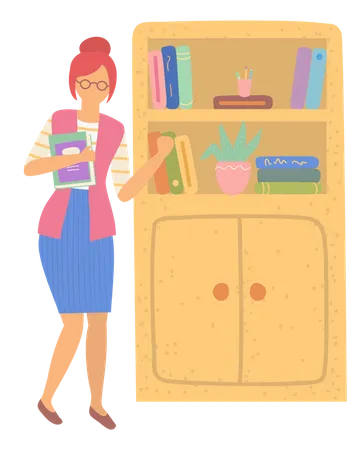 Teacher Character Standing In Classroom Near Bookshelf With Literature Back To School Woman Teaching Learning Element Information Technology Vector Flat Cartoon Illustration
