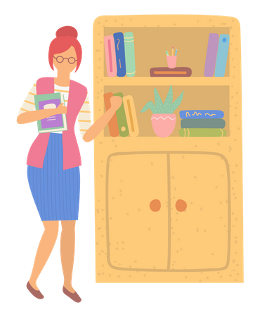 Teacher standing in classroom near bookshelf  Illustration