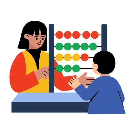 Teacher teaching abacus counting to girl on abacus  Illustration