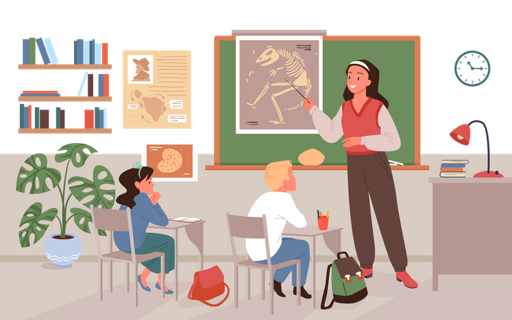 Teacher teaching about dinosaur skeletons to kids at school  Illustration