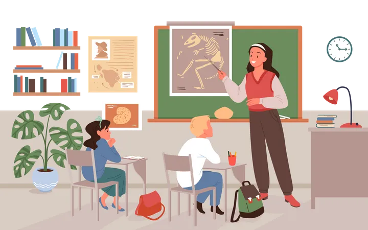 Teacher teaching about dinosaur skeletons to kids at school  Illustration