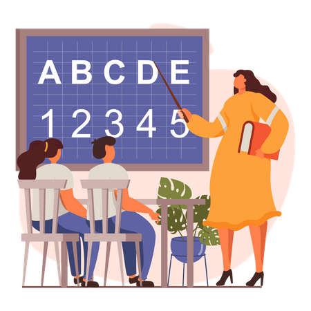 Teacher teaching alphabets and numbers to kids Illustration