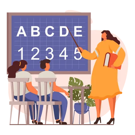 Teacher teaching alphabets and numbers to kids  イラスト