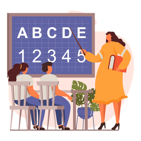 Teacher teaching alphabets and numbers to kids  Illustration