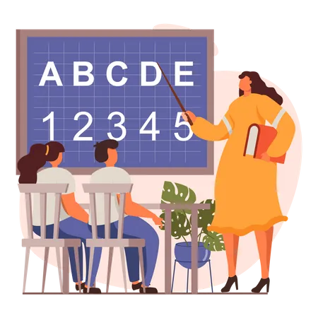 Teacher teaching alphabets and numbers to kids  Illustration