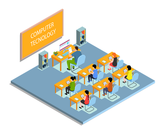 Teacher teaching computer technologies  Illustration