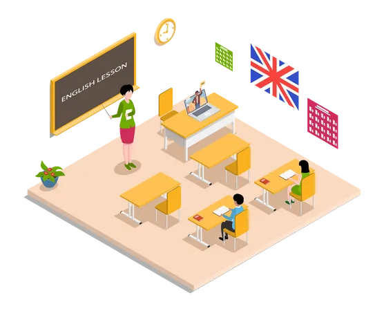 School Education Isometric Teacher And Pupil At English Lesson Learning Process In Classroom High School Isometric People Composition With Class Room Interior And Characters Of Teacher And Students Illustration