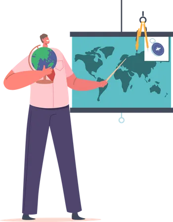 Education Concept Teacher With Globe Stand At World Map Explain Geography Lesson To Students Tutor Male Character Isolated On White Background Cartoon People Vector Illustration Illustration