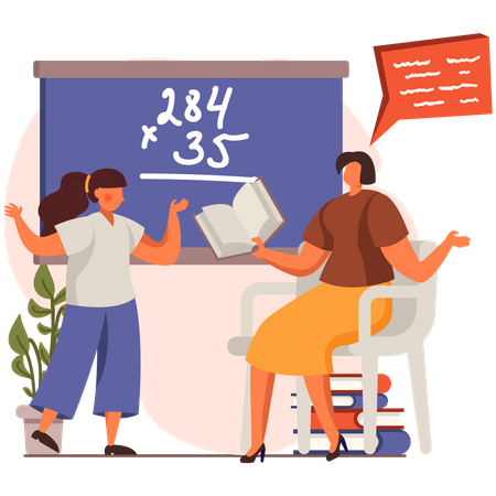 Teacher teaching Maths to girl  Illustration