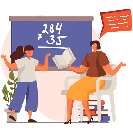 Teacher teaching Maths to girl  Illustration