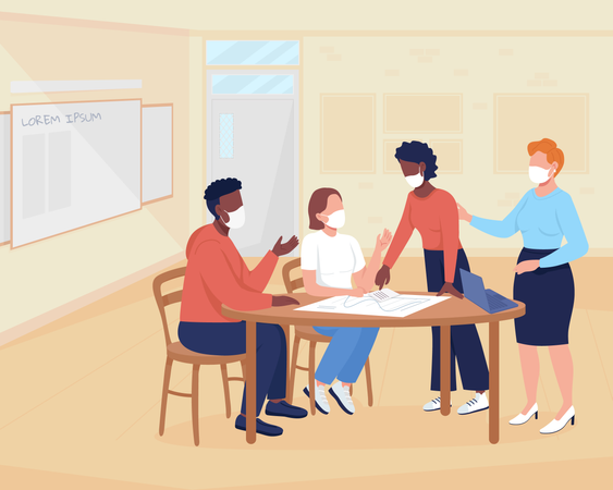 Teacher teaching students with Covid guidelines Illustration