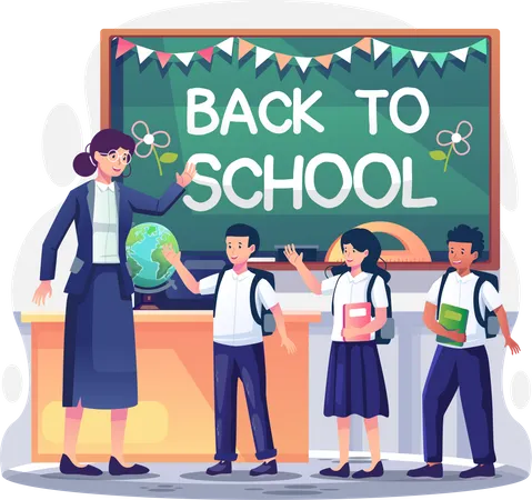 Teacher welcomes students in the class  イラスト