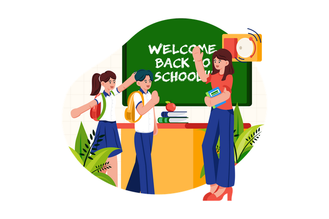 Teacher welcomes students into the class Illustration