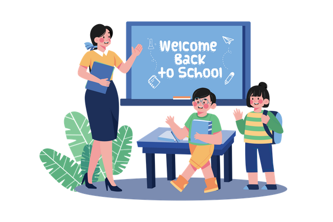 Teacher welcomes students into the class  Illustration