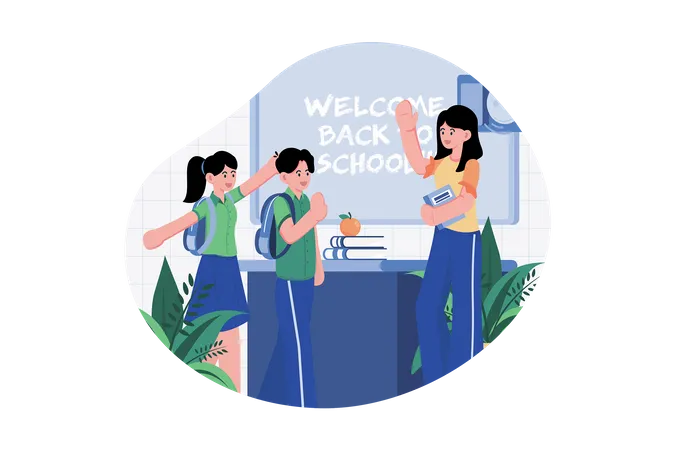 Teacher Welcomes Students Into The Class  Illustration