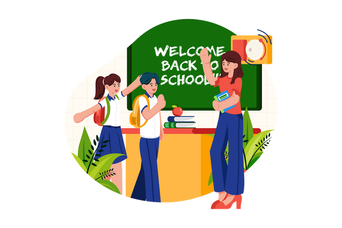 Teacher welcomes students into the class  Illustration