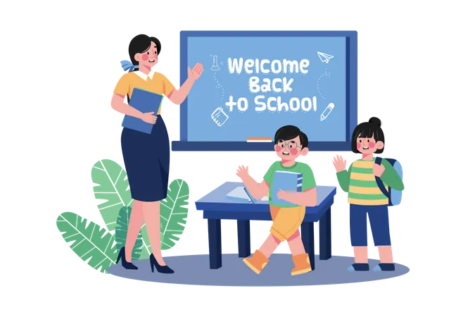 Teacher welcomes students into the class  Illustration