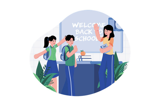 Teacher Welcomes Students Into The Class  Illustration