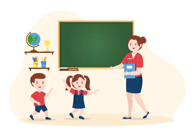 Teacher welcoming kids in classroom  Illustration