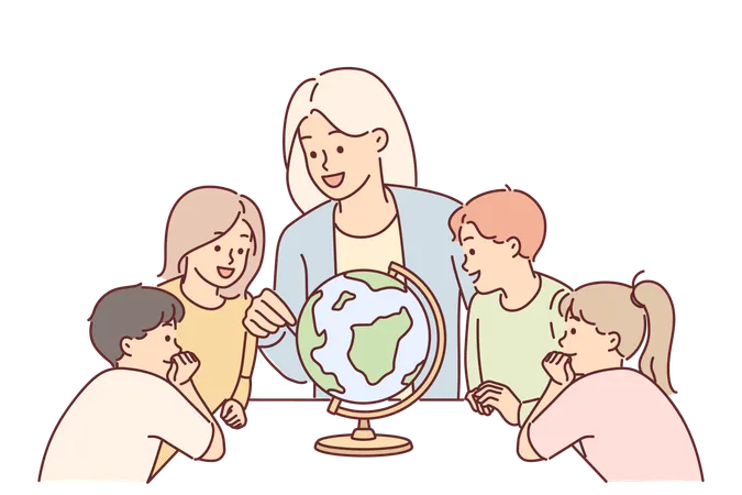 Teacher With Children Near Globe Study Geography During Lesson In Elementary School Woman Teacher Demonstrates To Boys And Girls Continents And Oceans On Globe Instilling Love Of Travel Illustration