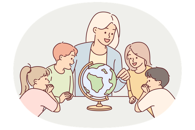 Teacher with children near globe study geography during lesson in elementary school  Illustration