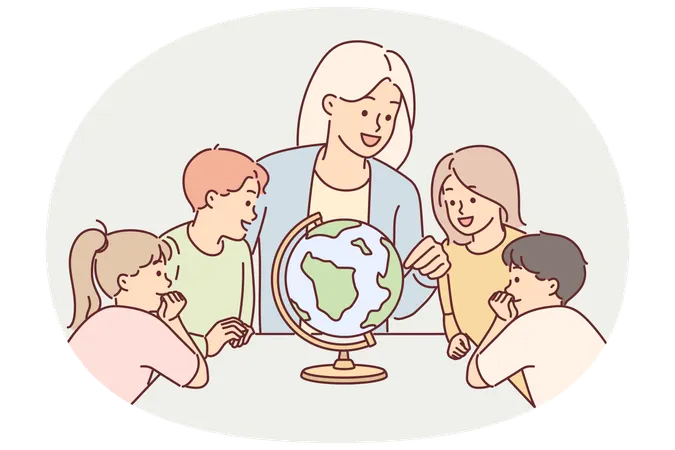 Teacher with children near globe study geography during lesson in elementary school  Illustration