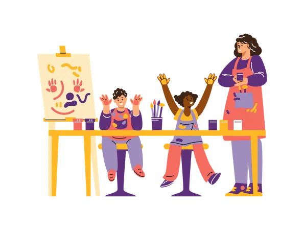 Teacher with kids in Canvas painting studio  Illustration