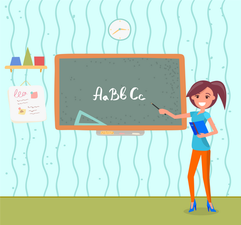 Teacher With Pointer Near Chalkboard With Alphabet  Illustration