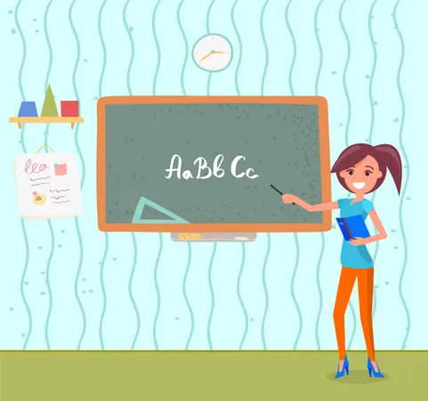 Girl With Pointer And Textbook Near Chalkboard In Classroom Young Female Teacher On Alphabet Lesson At Blackboard In Primary School Vector Illustration Back To School Concept Flat Cartoon Illustration