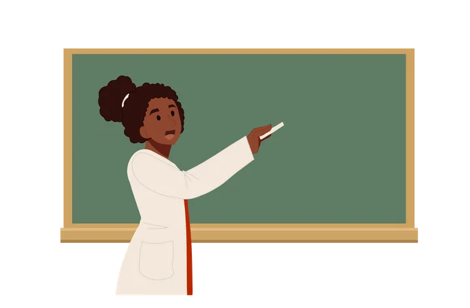 Education Concept Studying Learning Teaching Female African American Teacher Is Writing On Chalkboard In Classroom Vector Cartoon Illustration Illustration