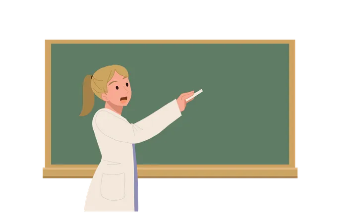 Education Concept Studying Learning Teaching Female Teacher Is Writing On Chalkboard In Classroom Vector Cartoon Illustration Illustration
