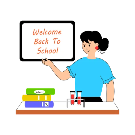 Teacher writing welcome back to school for students on blackboard  Illustration