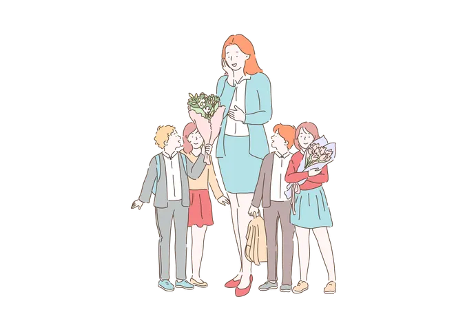Teachers Day Celebration Concept Schoolchildren Greeting Impressed Teacher Cheerful Boys And Girls With Rucksacks Giving Flower Bouquets To Tutor Simple Flat Vector Illustration