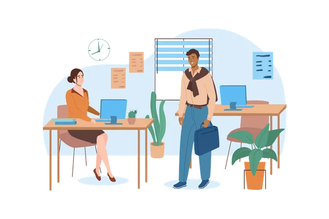 School Blue Concept With People Scene In The Flat Cartoon Style Teachers Discuss Lesson Plants After Classes In The Teachers Room Vector Illustration イラスト