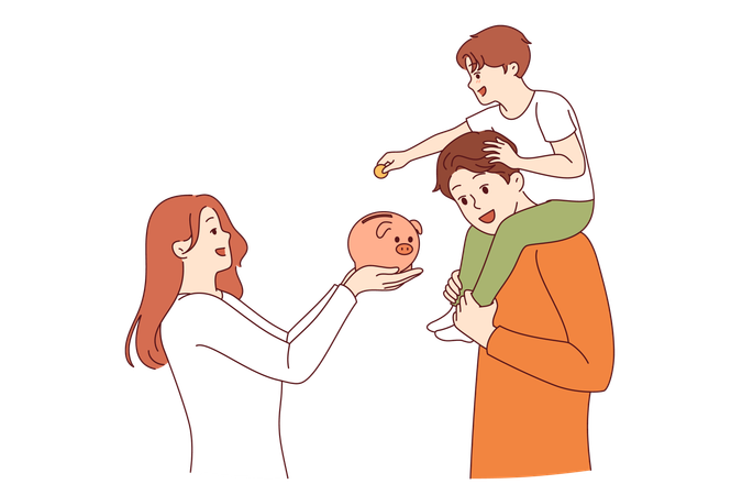 Teaching child financial literacy in young family  Illustration