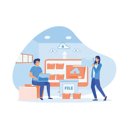Team administrator and developer working on cloud uploading data Illustration