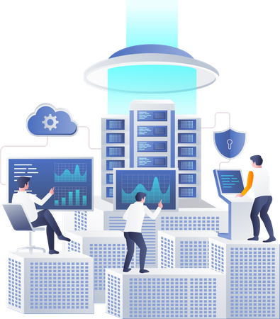 Team analyzes cloud server data  Illustration