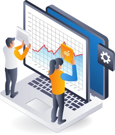 Team analyzing business development data  Illustration